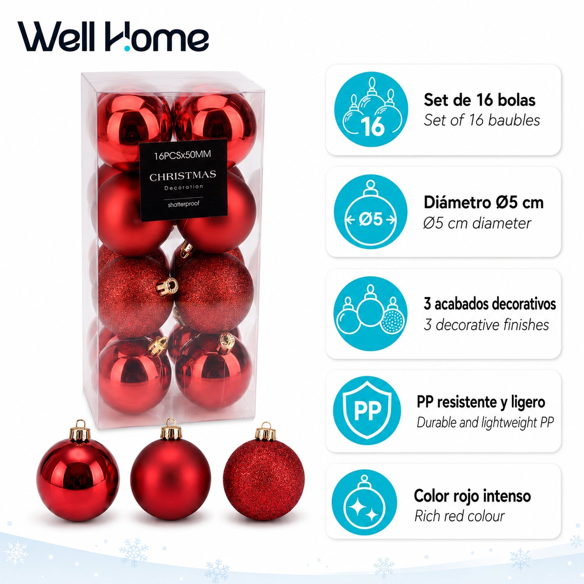 Set de 16 bolas de navidad rojas ø5cm con acabado brillante, mate y purpurina, para árbol de navidad