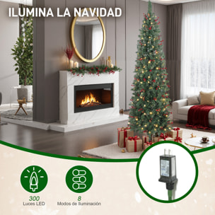 Árbol de Navidad Estrecho 210 cm, Árbol de Navidad con Luces LED, 8 Modos de Iluminación, Ramas con Purpurina Plateada, Piñas, Bayas y Soporte Metálico, Verde