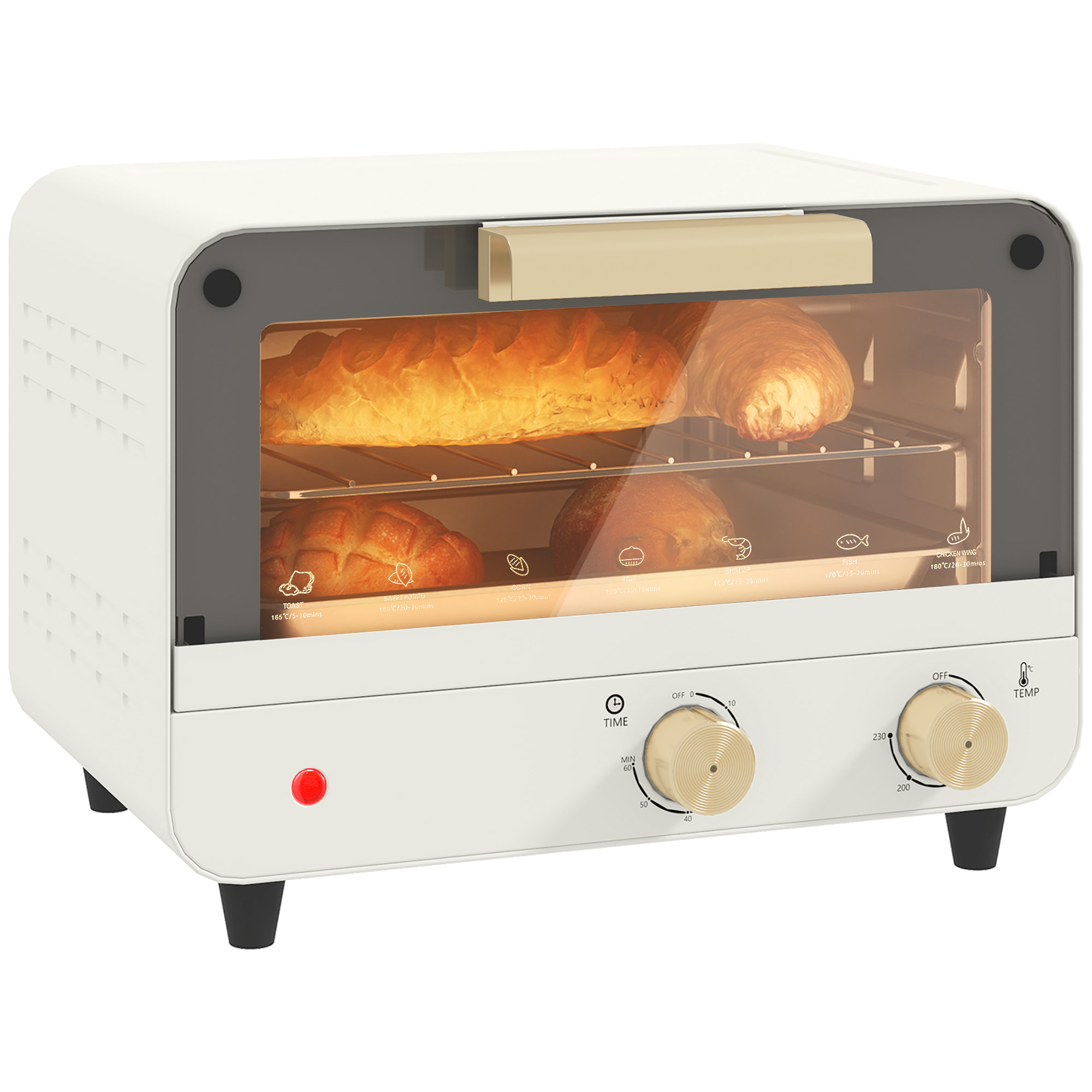 Horno Eléctrico de Sobremesa Horno Sobremesa de 12L 750W Horno Eléctrico con Puerta de Vidrio Temporizador y Temperatura Ajustables hasta 230℃ Blanco
