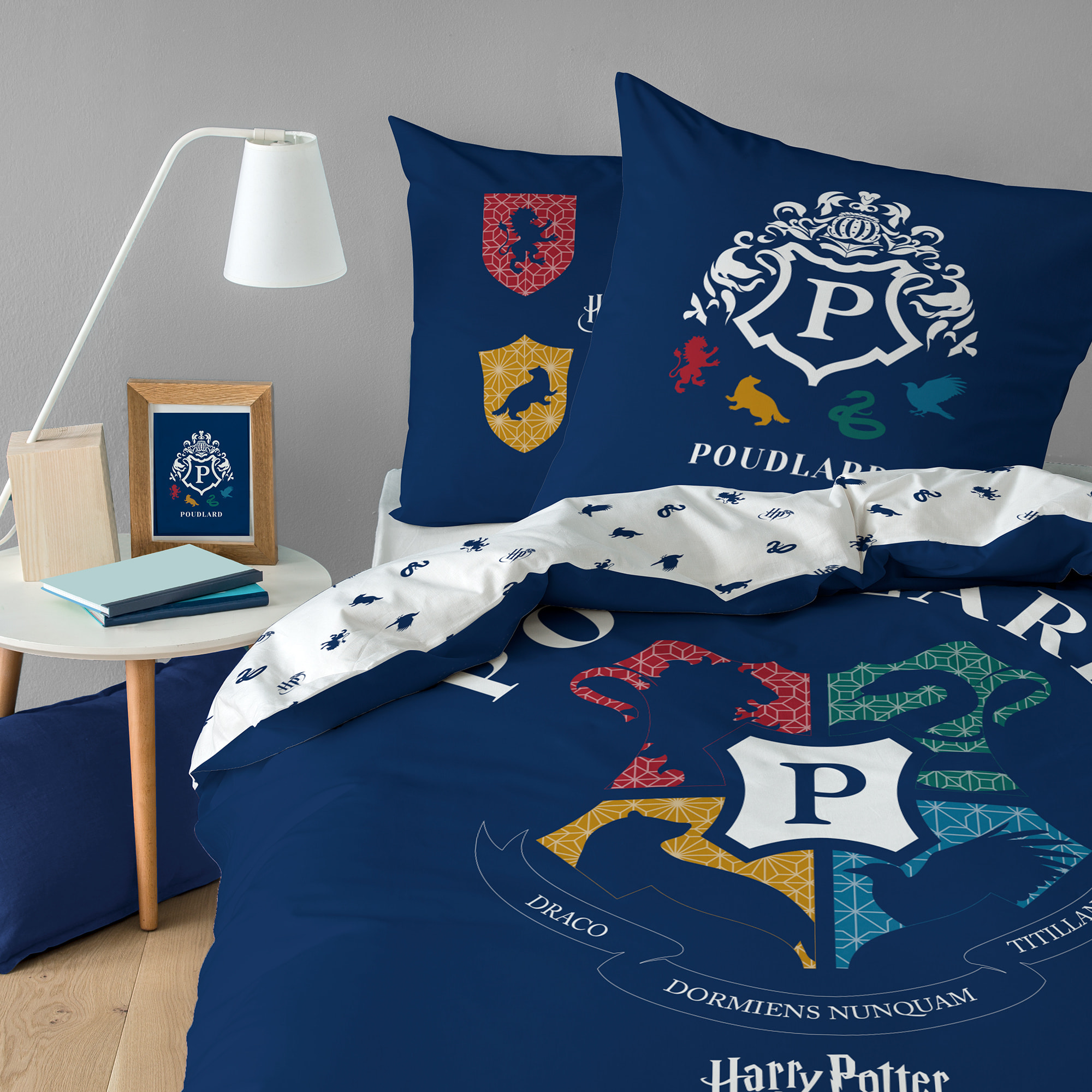 Parure de lit imprimée + drap housse 100% coton, HARRY POTTER BLASON