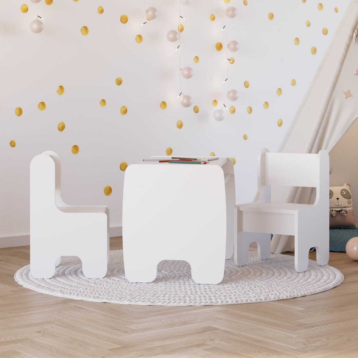 Set Timi Tavolo per Bambini con Due Sedie in Legno Bianco