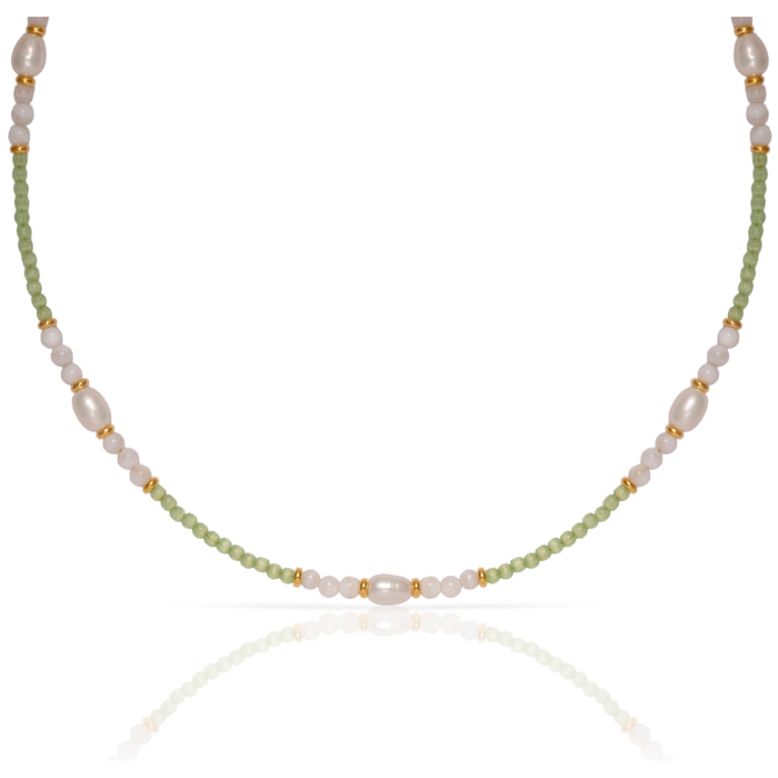 Feronia Collar de perlas naturales con cuentas efecto de ojo de gato en verde claro y cierre de mosquetón.