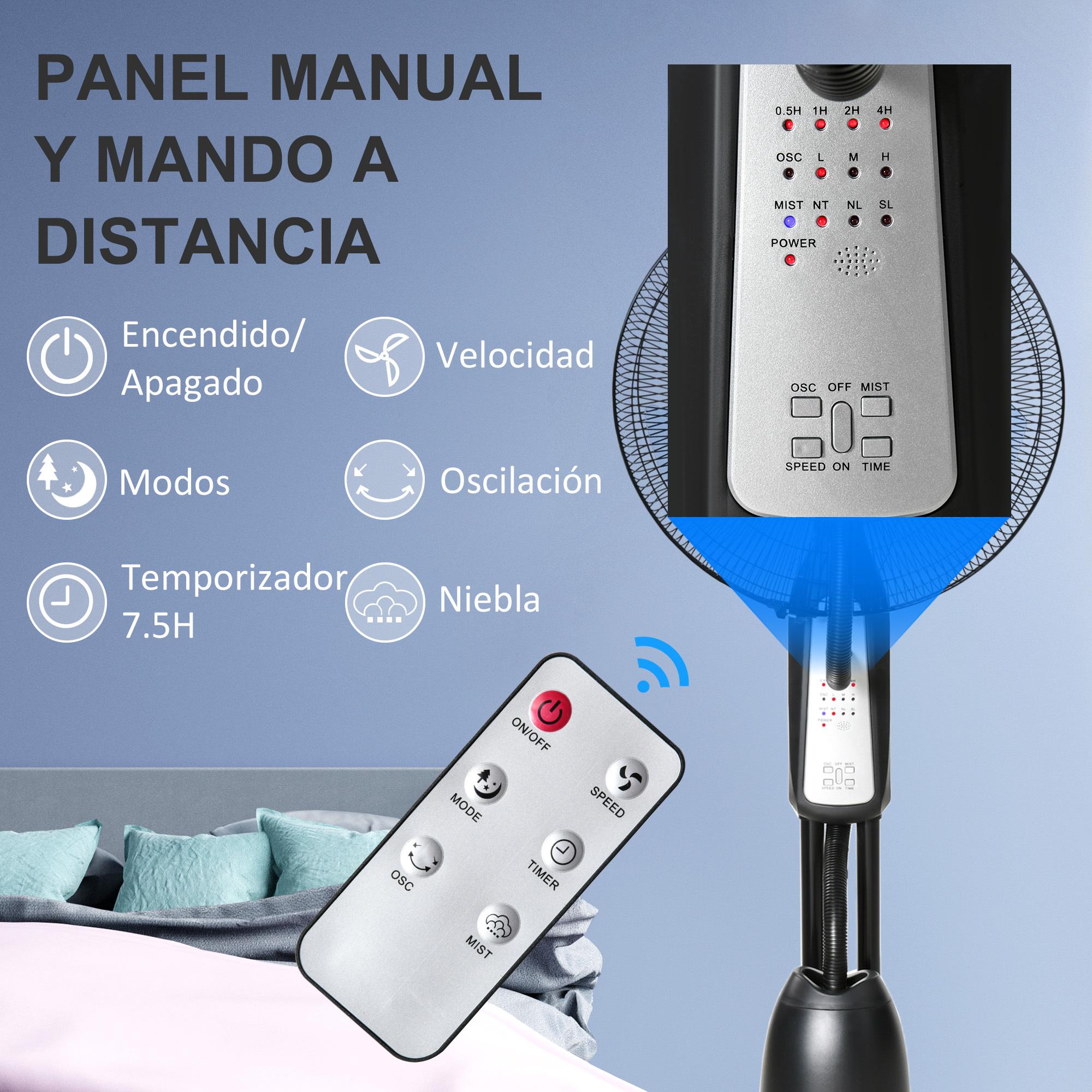 Ventilador Nebulizador Ventilador con Agua Oscilante 90W con Control Remoto 3 Modos 3 Velocidades Temporizador 7,5h y Tanque de Agua 2,8L Ø44,5x120 cm Negro