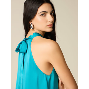 Oltre - Vestido largo línea A en raso - Petrol Blue