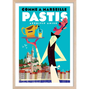 Poster un pastis sur le vieux port Affiche sous cadre bois