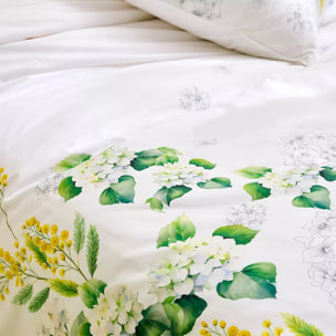 Lot h.couette +taies percale de coton imprimé blanc jaune Annabelle mimosa