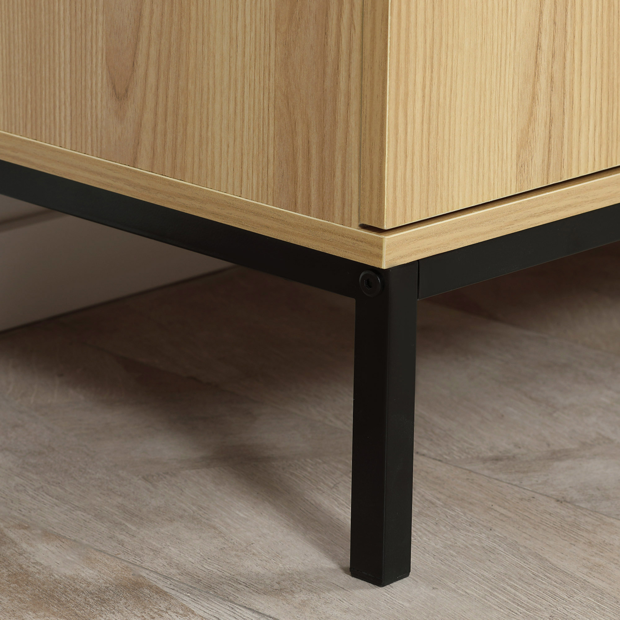 Buffet design industriel - 2 portes avec étagère, 3 tiroirs - piètement métal noir panneaux aspect bois clair