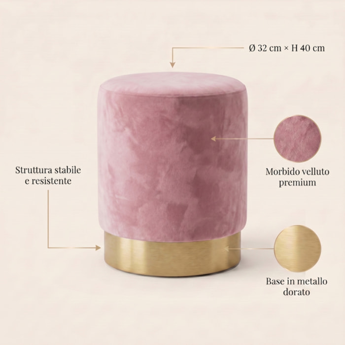 Pouf cilindrico in velluto con base dorata, sgabello imbottito elegante e resistente, seduta compatta salvaspazio, ideale per salotto camera ingresso e toeletta, design moderno glamour e versatile