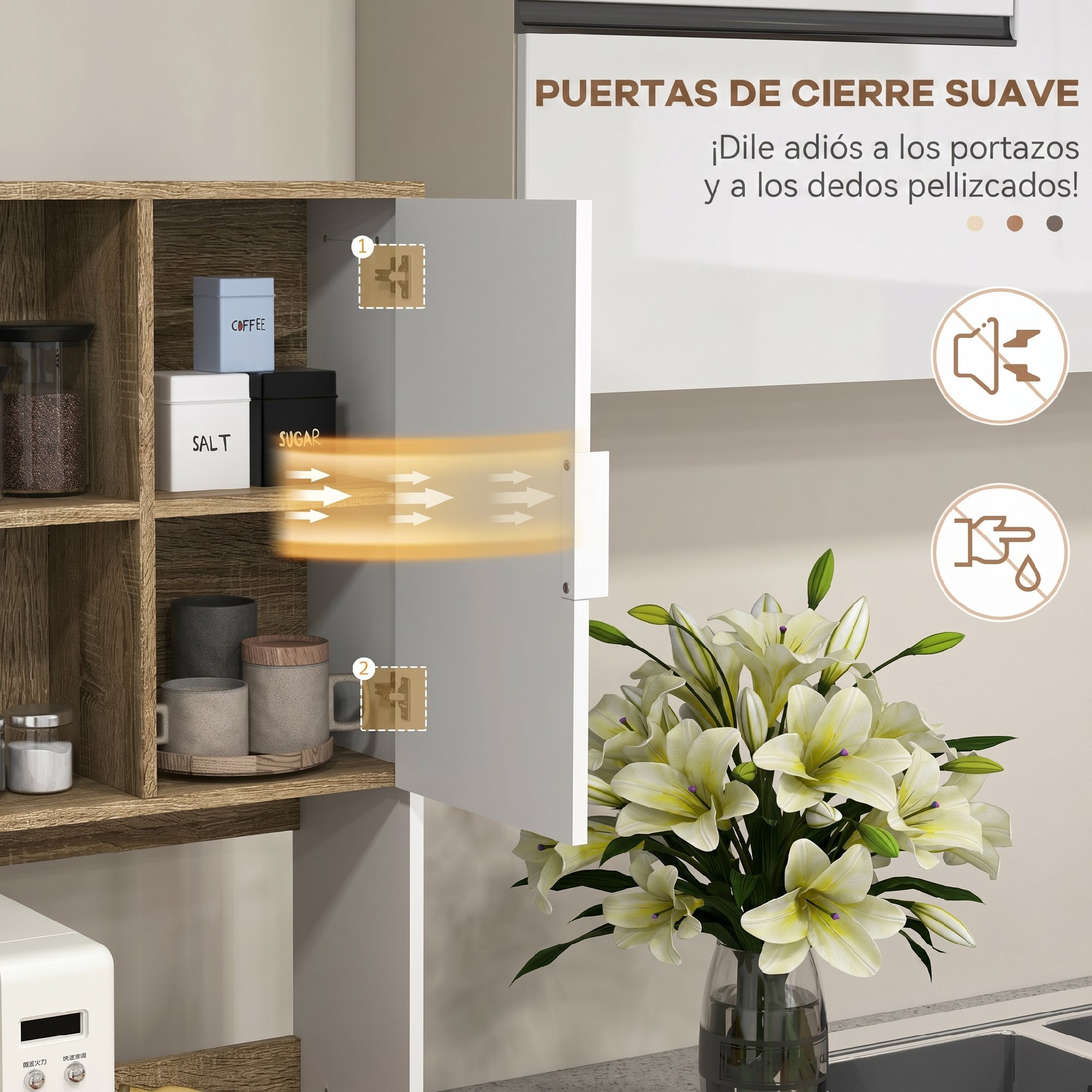 Alacena de Cocina Alta, Mueble Auxiliar de Cocina con 4 Puertas, Estantes Ajustables, Cajón, Compartimentos Abiertos, 98x39x180 cm, Blanco y Natural