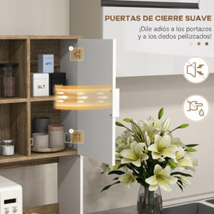 Alacena de Cocina Alta, Mueble Auxiliar de Cocina con 4 Puertas, Estantes Ajustables, Cajón, Compartimentos Abiertos, 98x39x180 cm, Blanco y Natural