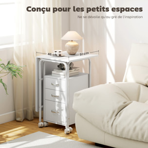Bureau pliable sur roulettes avec rangement 3 tiroirs dim. totales 105x51x75,5cm métal effet bois blanc