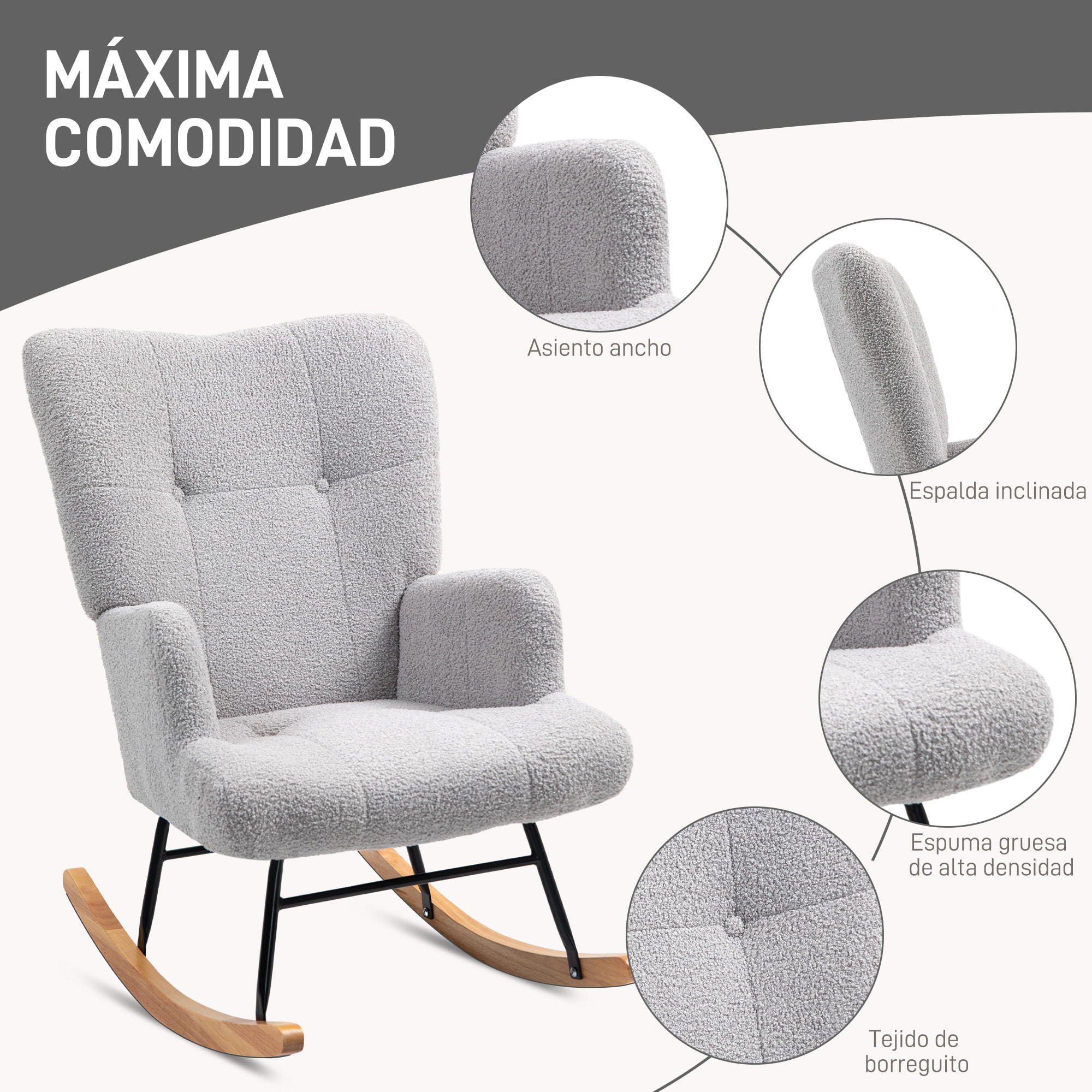 Mecedora de Borreguito Mecedora para Lactancia con Respaldo Capitoné y Base de Madera de Caucho Carga 120 kg Silla Mecedora para Salón Dormitorio Gris Claro