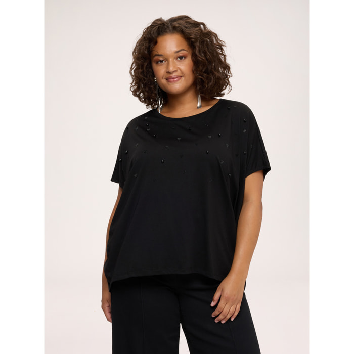 Fiorella Rubino - T-shirt in jersey con cuoricini in strass e perle - Nero