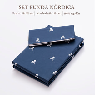 Set cama (funda nórdica 155x220cm + funda almohada 45x110cm) 100% algodón 200tc navy calaveras scalpers home