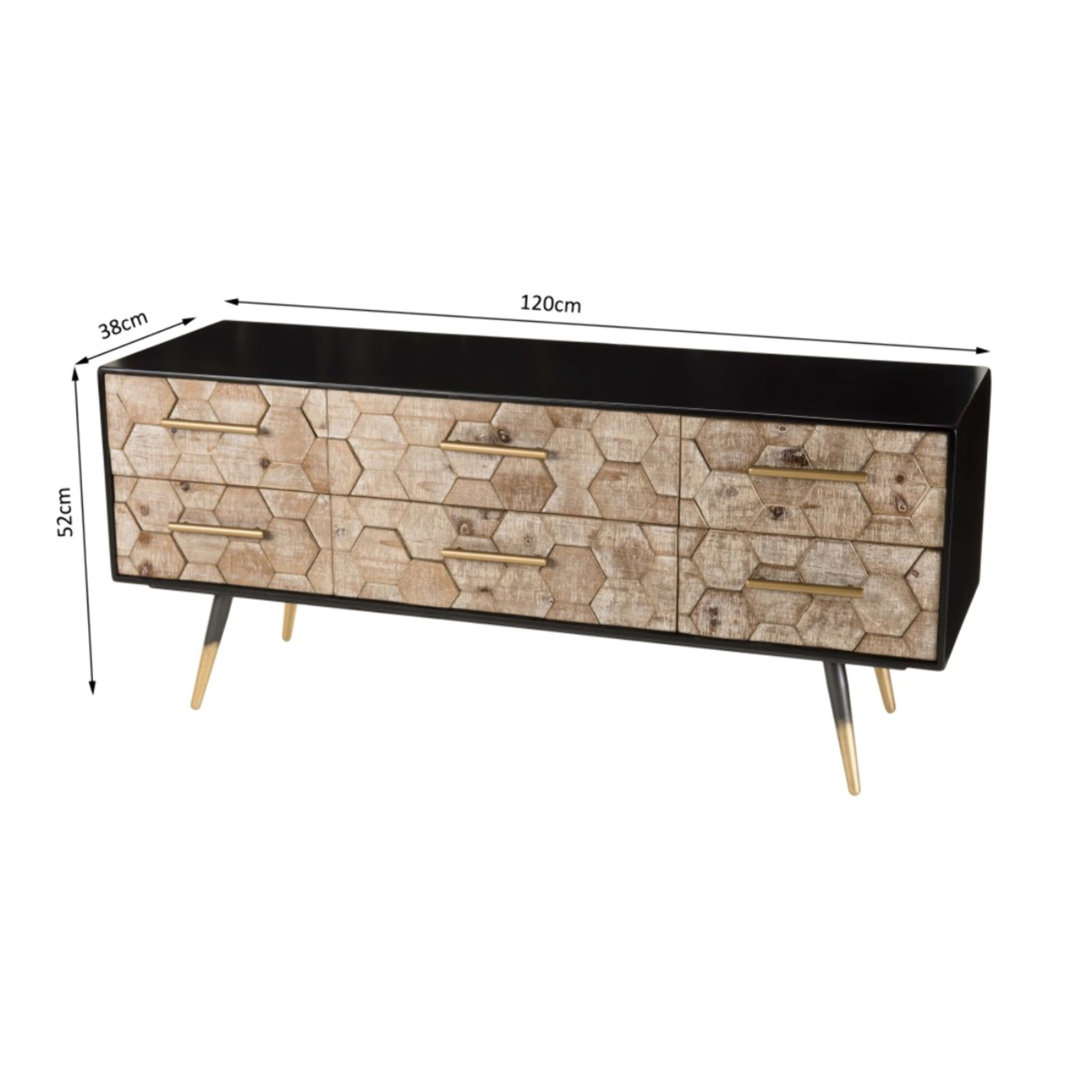 DORRIE - Meuble TV noir 6 tiroirs scandi bois Sapin marqueté pieds métal doré