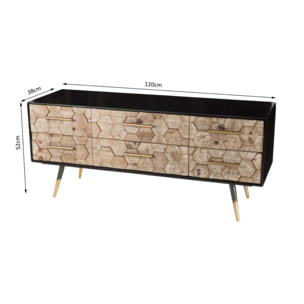 DORRIE - Meuble TV noir 6 tiroirs scandi bois Sapin marqueté pieds métal doré