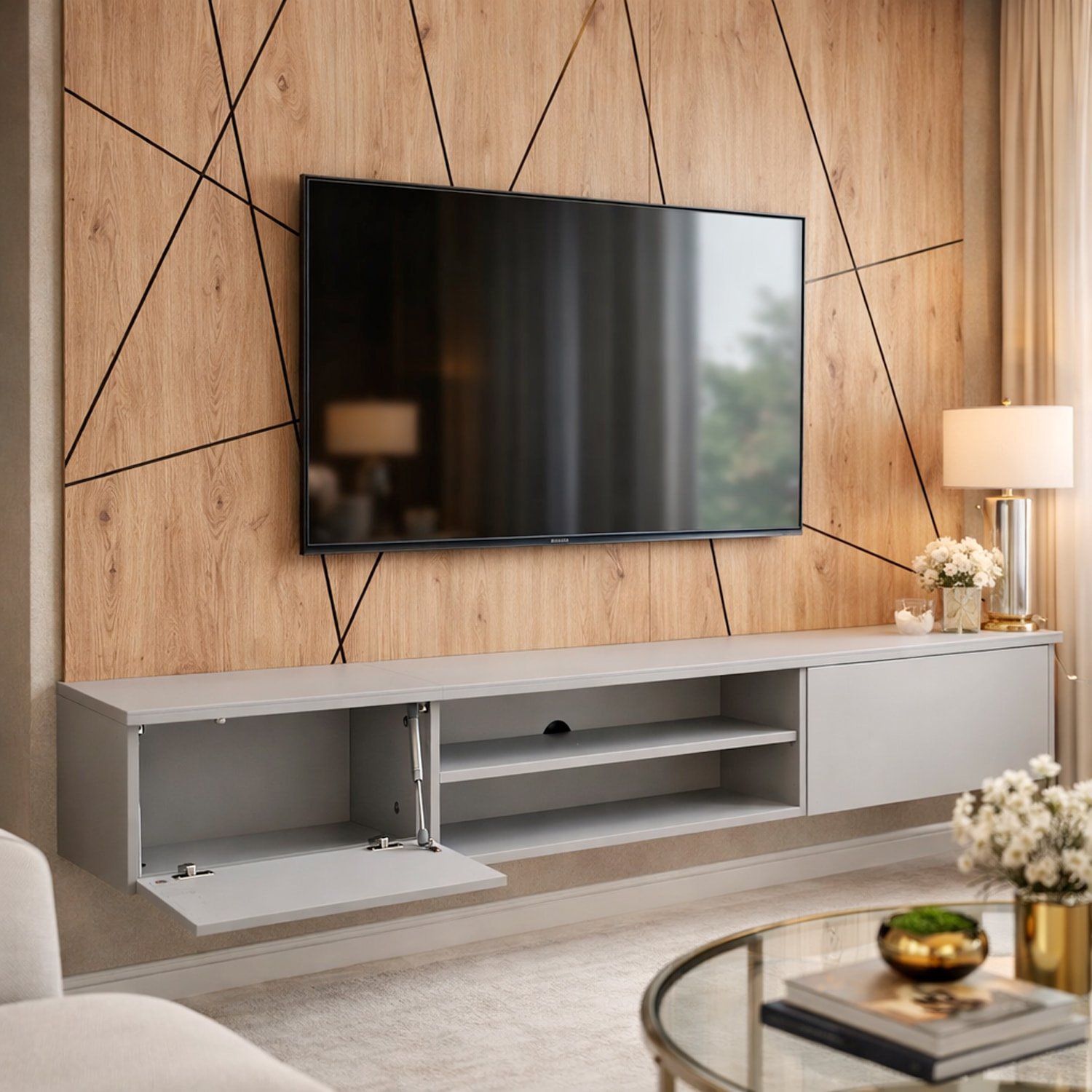 Parete Attrezzata Moderna Per Tv Con Pannello Design Geometrico 2 Ante Ribalta  E 1 Vano A Giorno Mobile 160 x 35 x 148 Cm Grigio E Rovere