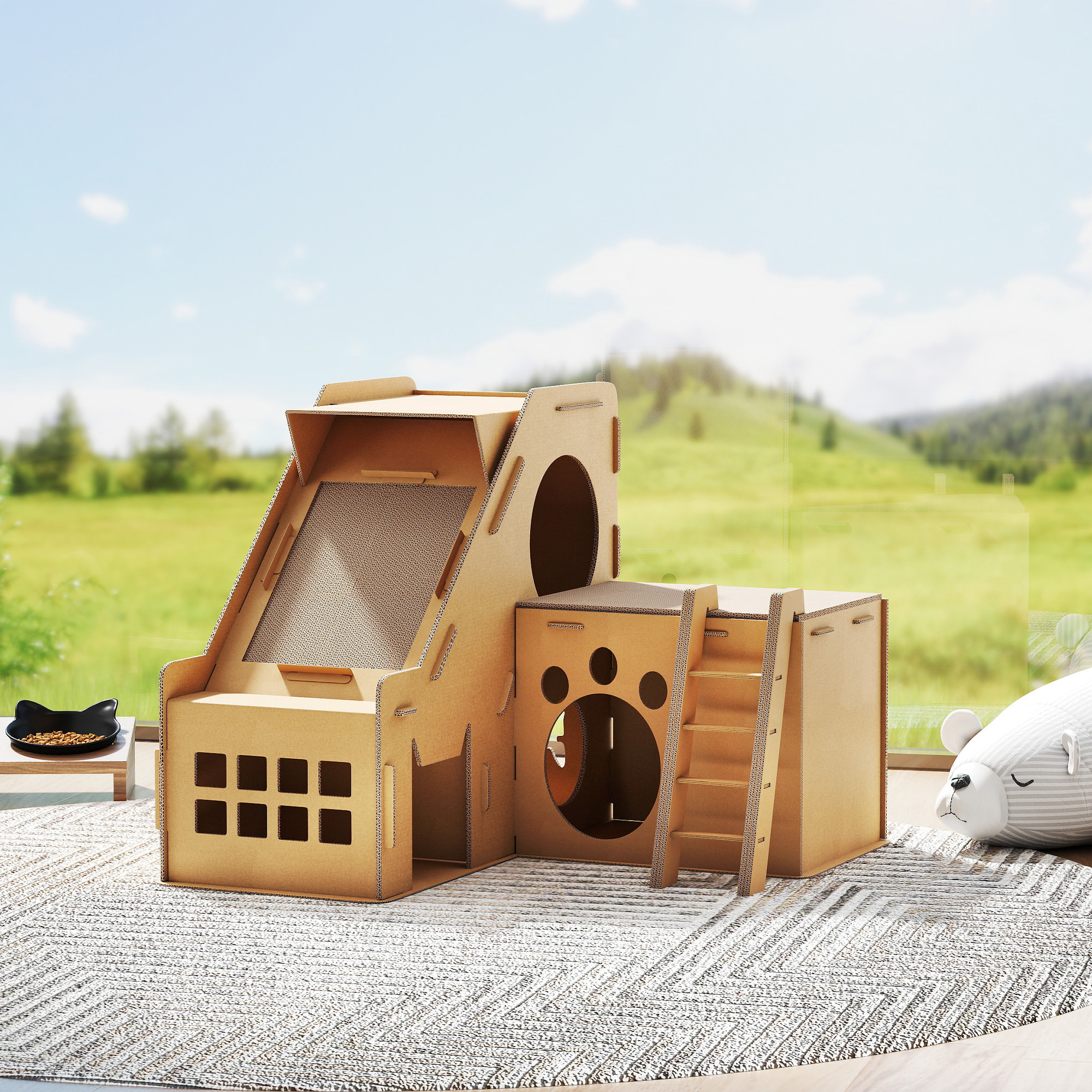 Rascador Cartón para Gatos Forma Castillo 2 en 1, Rascador para Gatos con 2 Zonas de Rascado, Catnip, Rampa y Escalera, para Interior, 67x66x57 cm, Marrón