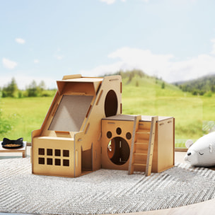 Rascador Cartón para Gatos Forma Castillo 2 en 1, Rascador para Gatos con 2 Zonas de Rascado, Catnip, Rampa y Escalera, para Interior, 67x66x57 cm, Marrón