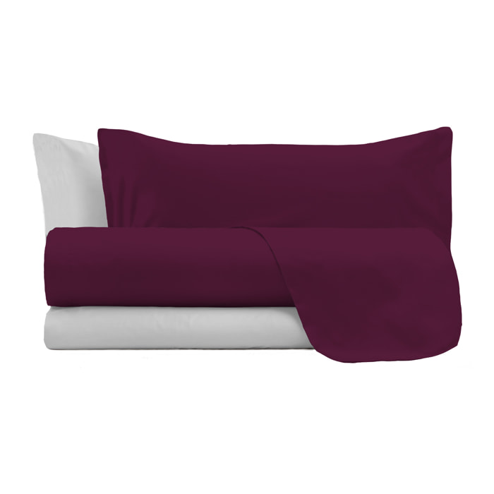 COMPLETO LETTO NATURAL COLOR, 100% Cotone, Made in Italy - PRUGNA/GRIGIO CHIARO