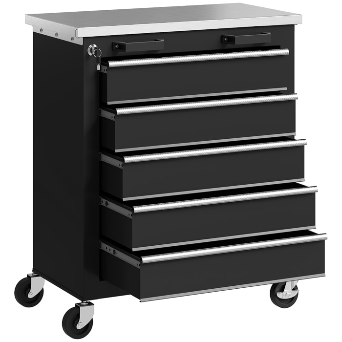 Carro de Herramientas con 5 Cajones y Cerradura, Carro de Taller con Ruedas con Freno y Encimera de Acero Inoxidable, Caja de Herramientas con Conectores Laterales, para Garaje, Negro y Plata
