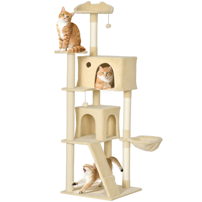 Árbol Rascador para Gatos, Árbol para Gatos 180 cm, Torre Escalador con Múltiples Plataformas, Cama, 2 Cuevas, Hamaca, Escalera, Postes de Sisal, Bolas para Jugar, Beige