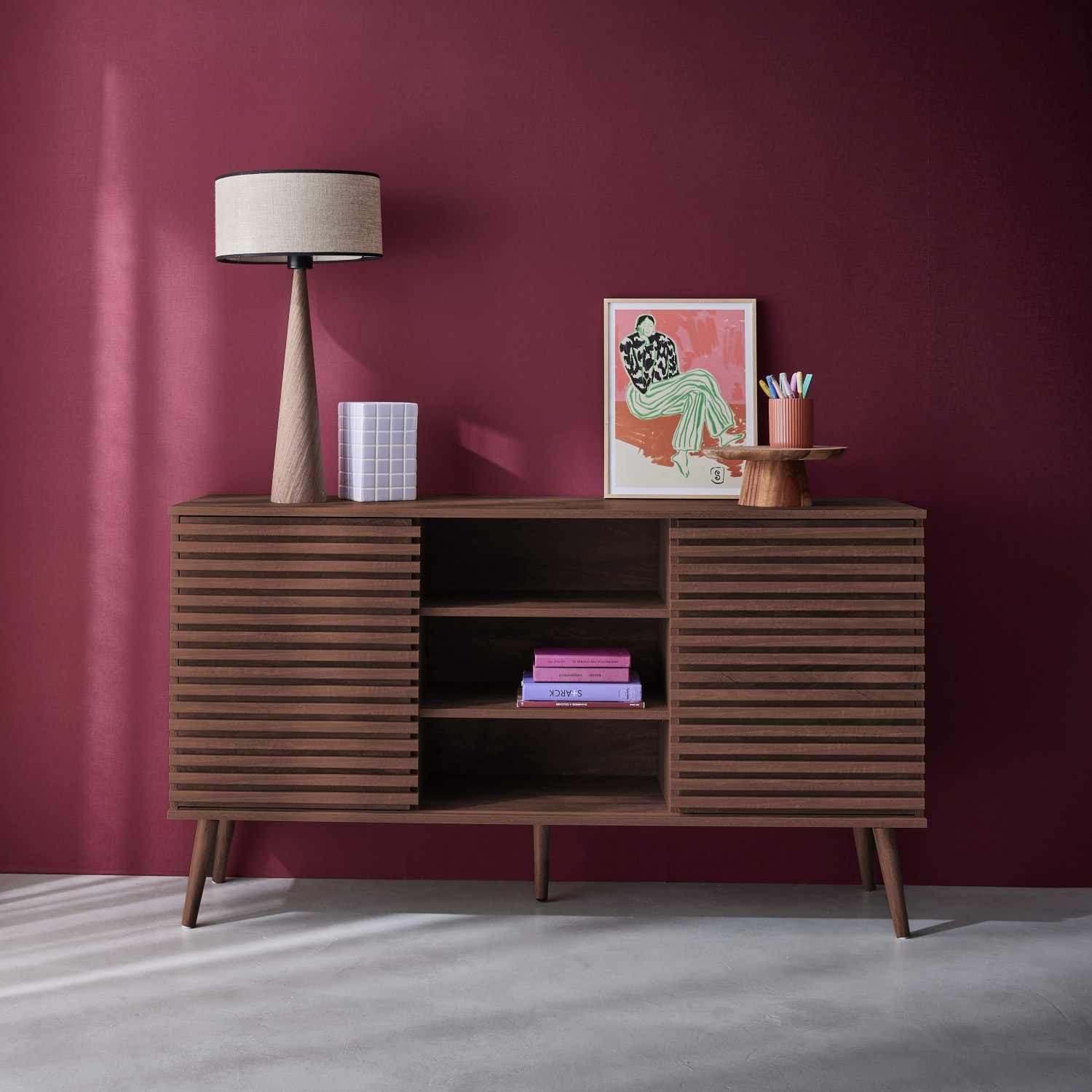 Buffet scandinave décor bois rainuré 2 portes coulissantes 140cm MADERE
