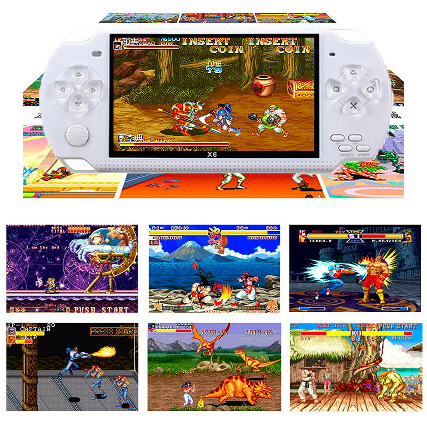 Consola de videojuegos X6 con juegos clásicos preinstalados. Reproductor multimedia con grabadora de sonido, cronómetro, calculadora y calendario.