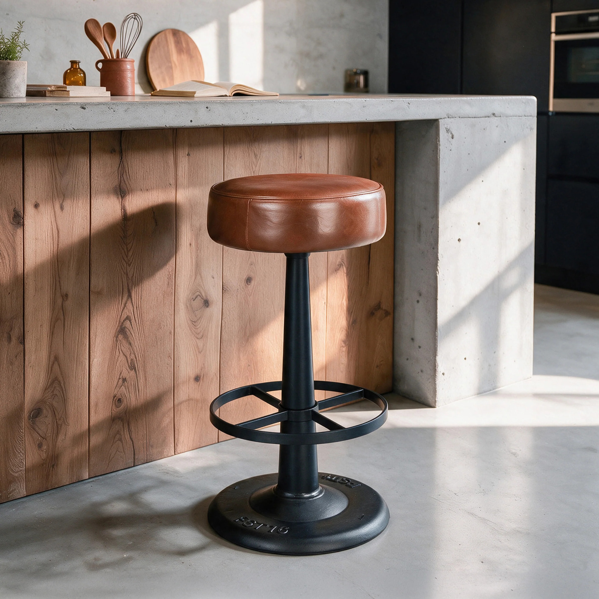 Tabouret pour îlot central 65 cm en cuir de buffle marron - Lucien