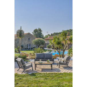 KOMMOS - Salon de jardin 5 pl en alu et plateau composite effet bois