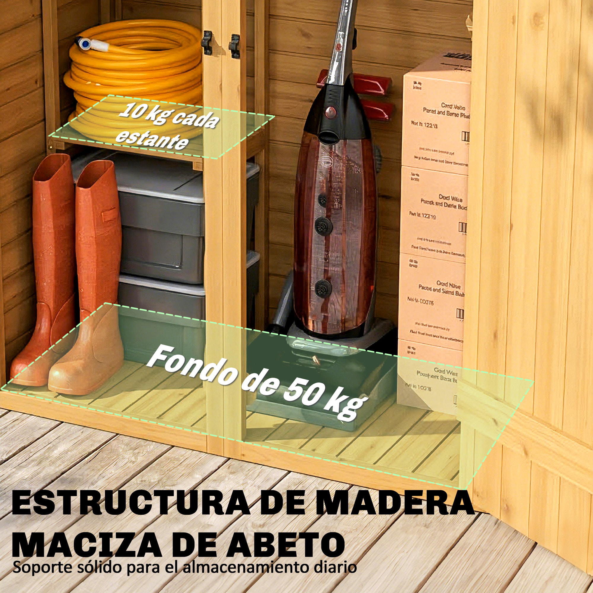 Caseta de Jardín de Madera 115x53x156 cm, Cobertizo Jardín Exterior, Armario Exterior para Herramientas con Puertas Dobles con Pestillo, 2 Estantes y Techo Inclinado, Resistente, Marrón