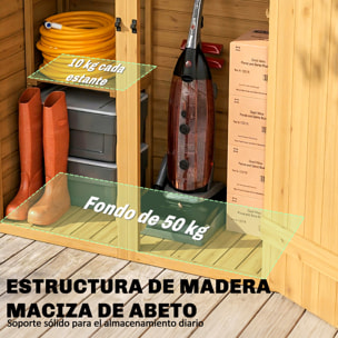 Caseta de Jardín de Madera 115x53x156 cm, Cobertizo Jardín Exterior, Armario Exterior para Herramientas con Puertas Dobles con Pestillo, 2 Estantes y Techo Inclinado, Resistente, Marrón