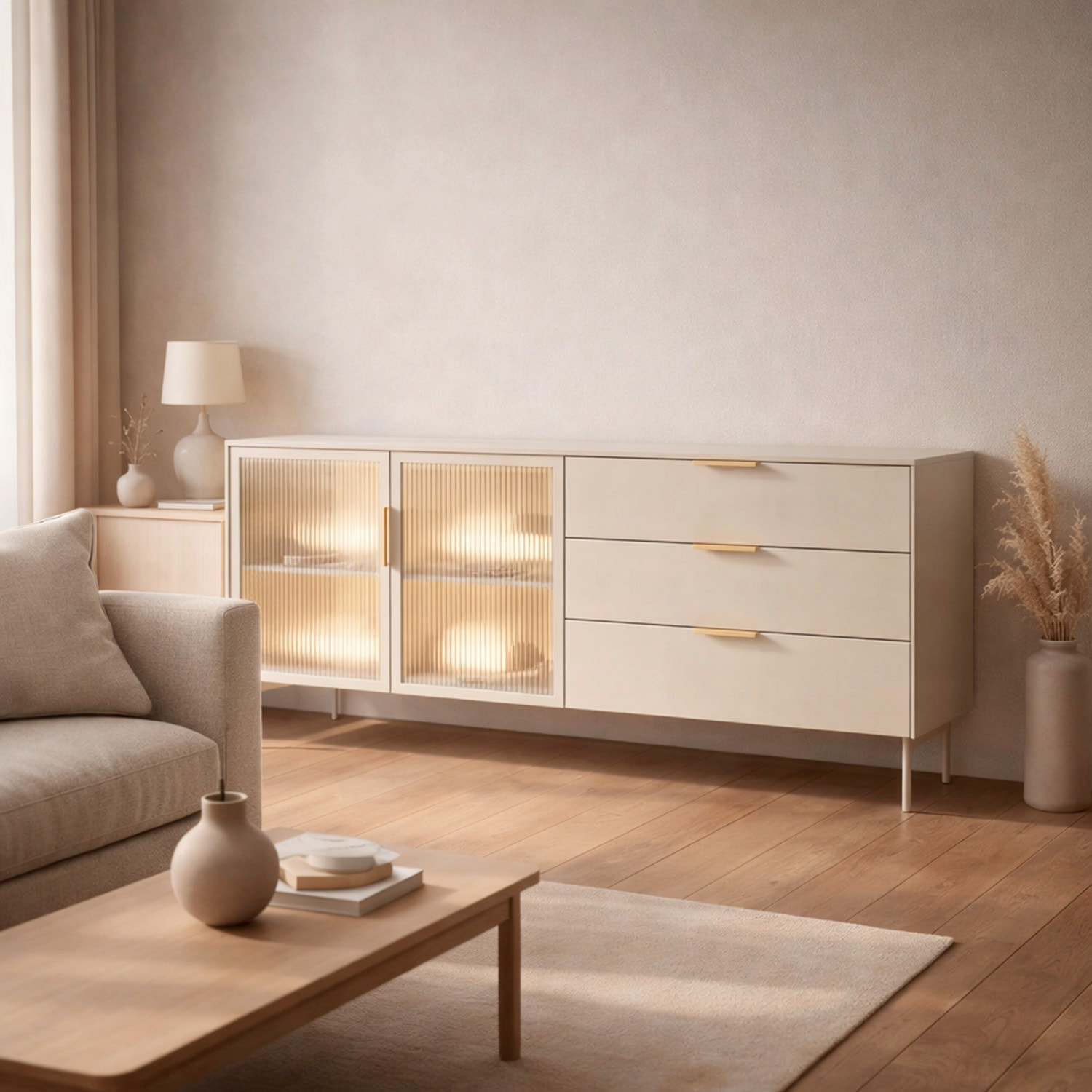 Credenza Madia Con Vetrina Moderna Con Ripiani Interni In Truciolare Melaminico Ideale Per Soggiorno Sala Da Pranzo  181.3 x 39.3 x 82.6 Cm Cashmere