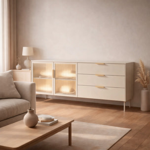 Credenza Madia Con Vetrina Moderna Con Ripiani Interni In Truciolare Melaminico Ideale Per Soggiorno Sala Da Pranzo  181.3 x 39.3 x 82.6 Cm Cashmere