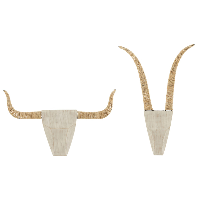 J-Line décoration murale Taureaux - bois/jute - blanc/naturel - set de 2