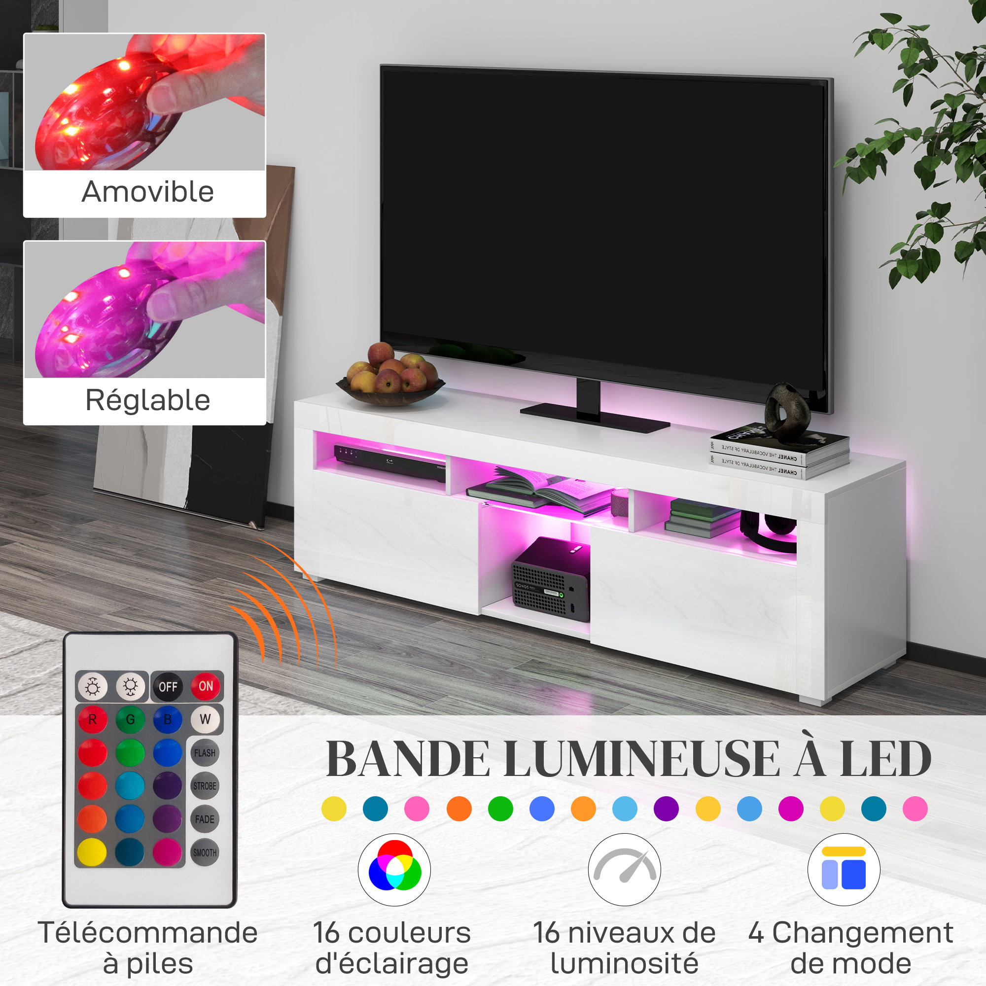 Meuble TV design LED - 55 pouces max. - 2 portes, 4 niches - dim. 150L x 38l x 45H cm - blanc laqué