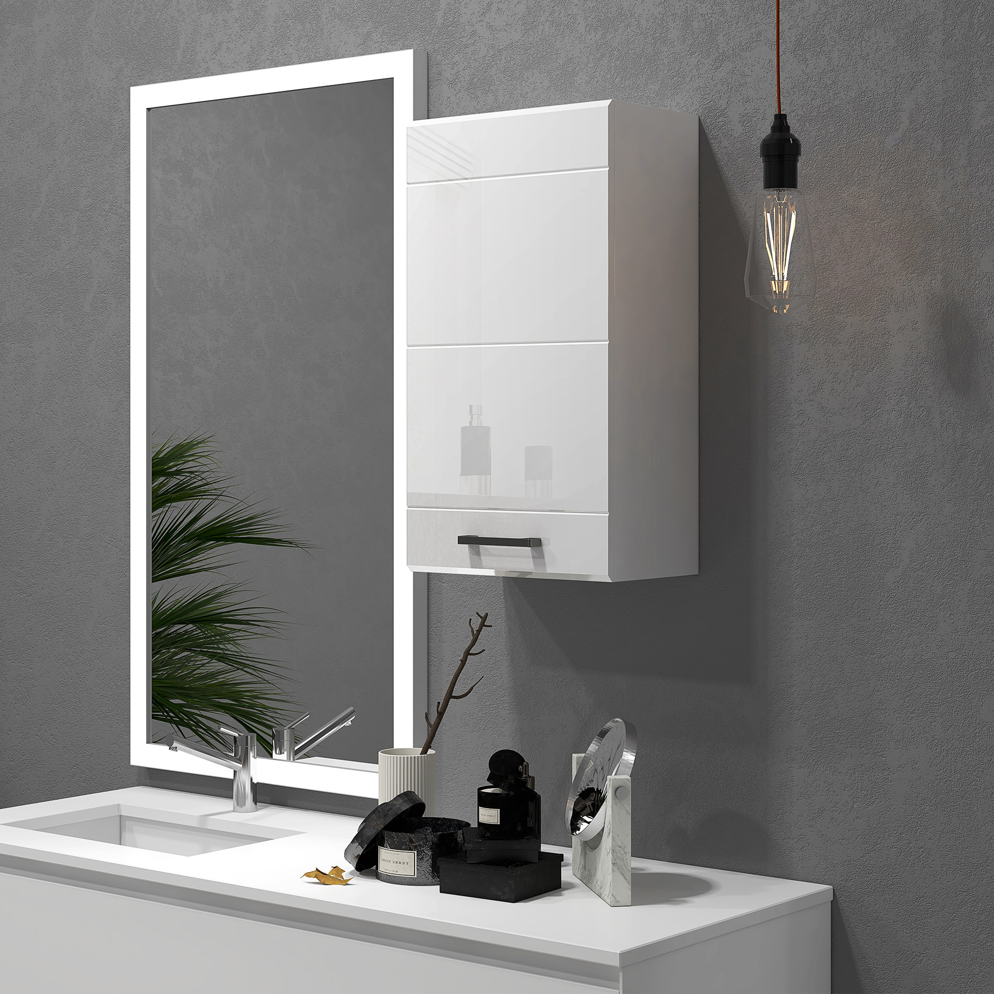 Armario de Baño de Pared, Mueble de Baño Colgar con Estante Ajustable, para Cocina, Lavadero, Dormitorio, Blanco Brillo