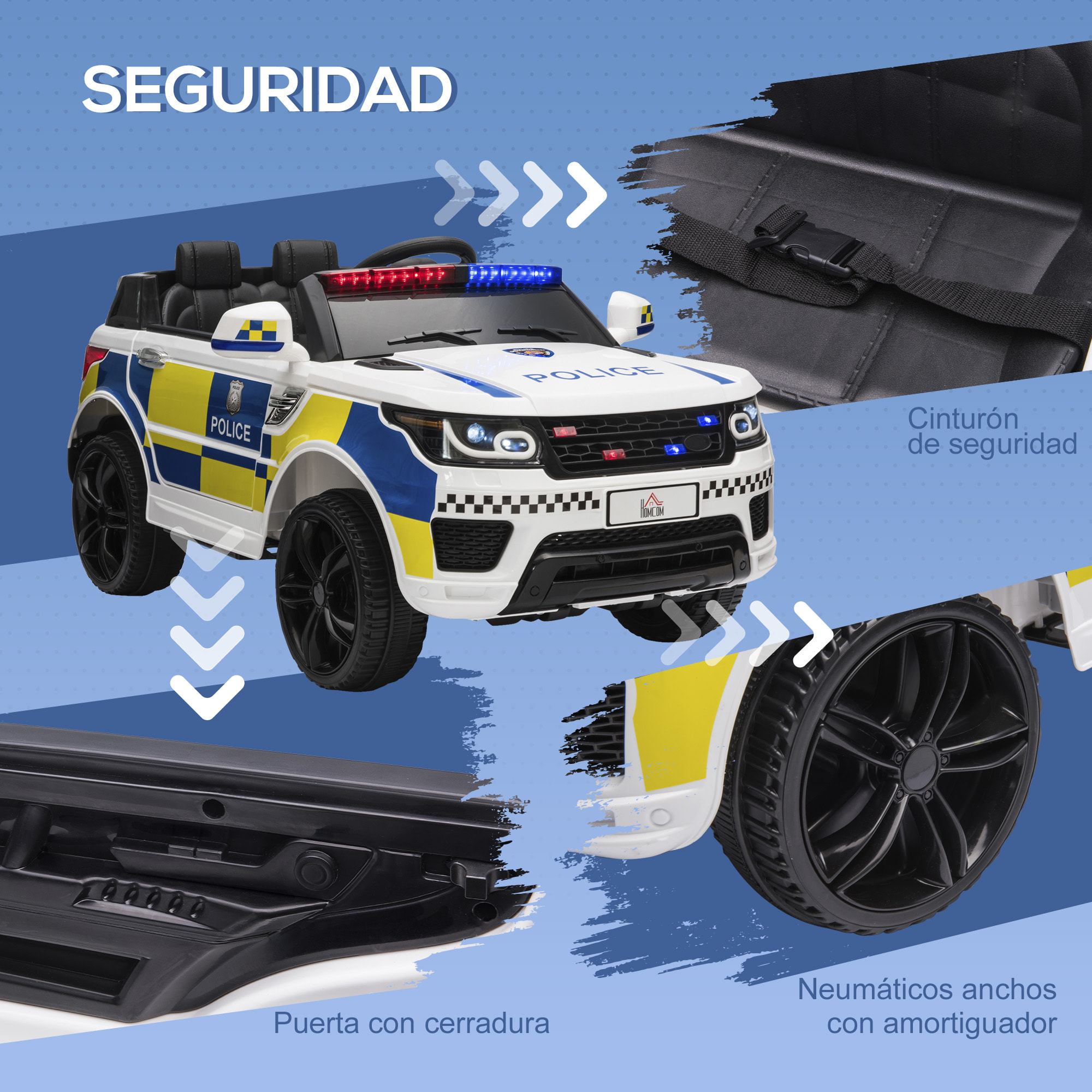 Coche Eléctrico para Niños de +3 Años Carro Eléctrico Infantil de Policía Coche de Batería 12V con Suspensión de Muelle Mando a Distancia Bluetooth Luz USB Sirena Blanco