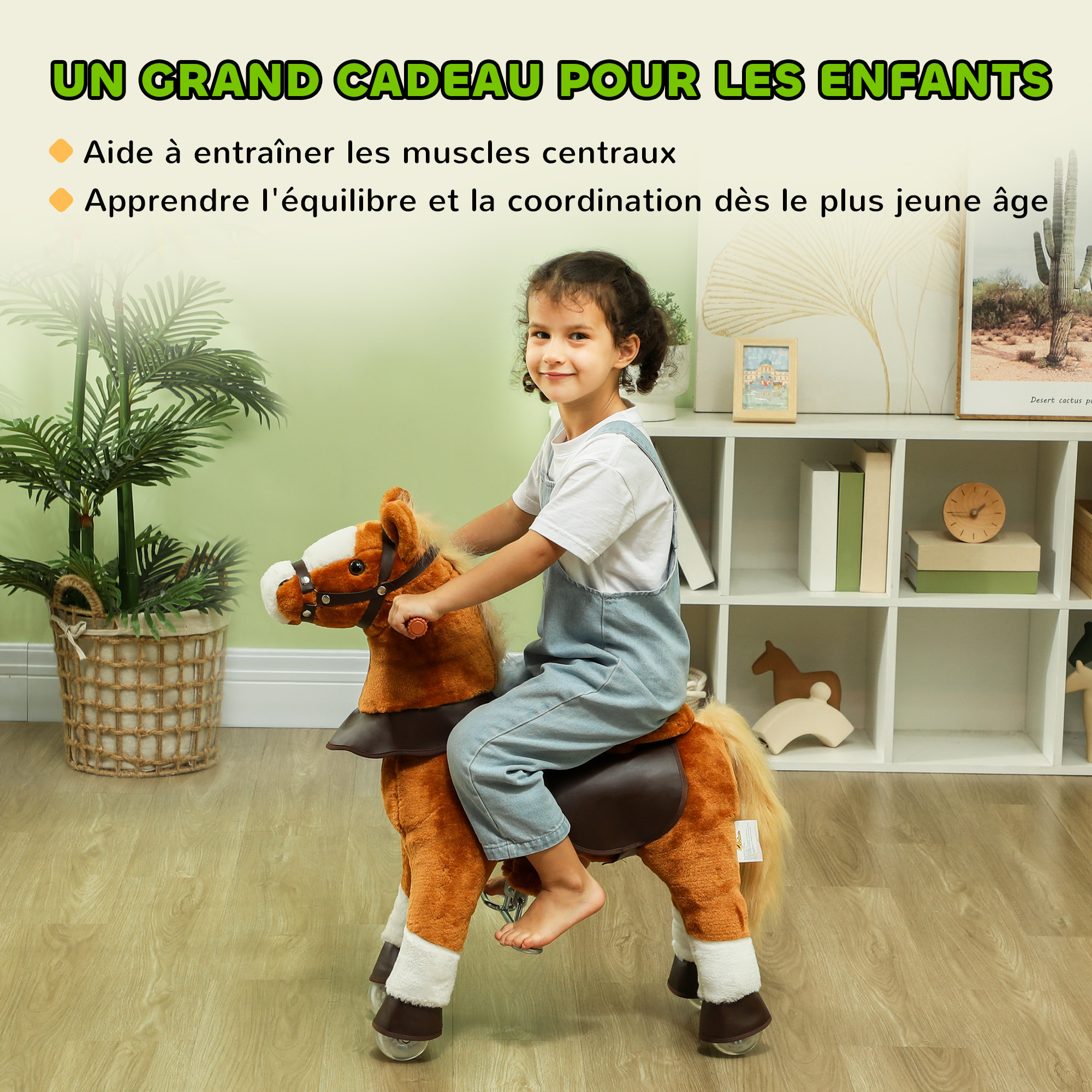 Porteur cheval pour enfant +3 ans cheval debout en peluche 4 roulettes effet sonore marron blanc