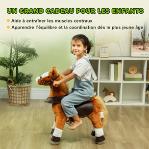 Porteur cheval pour enfant +3 ans cheval debout en peluche 4 roulettes effet sonore marron blanc