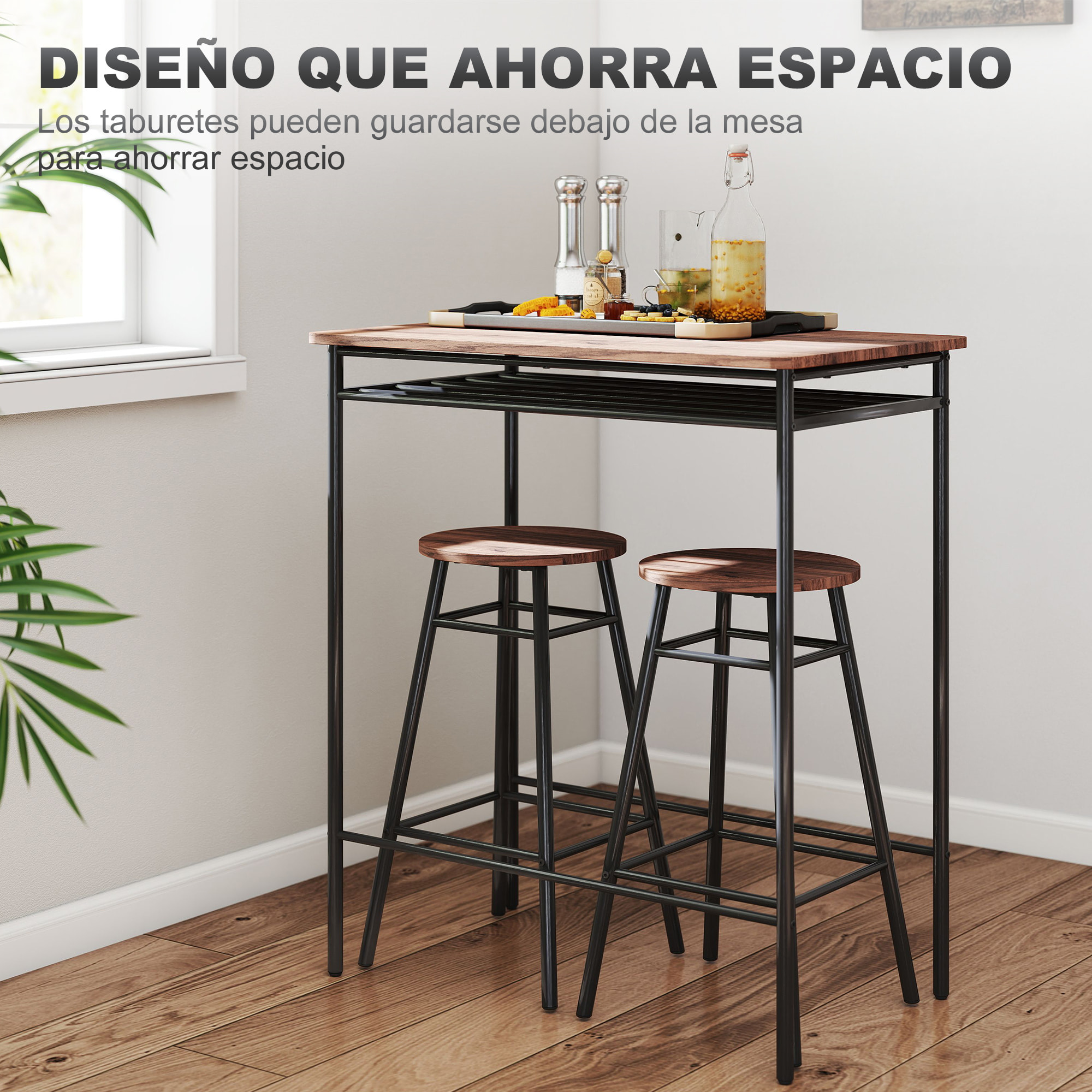 Juego de Mesa y Taburetes de Bar, Mesa Alta de Cocina con 2 Taburetes Industrial, Estante Abierto, Reposapiés, Ahorro de Espacio, para Espacios Reducidos, Comedor, Salón, Marrón