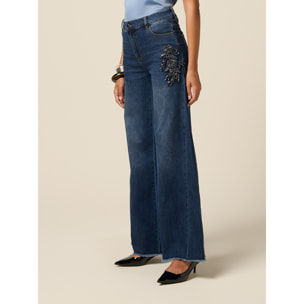 Oltre - Jeans palazzo con parches de joyería - Azul