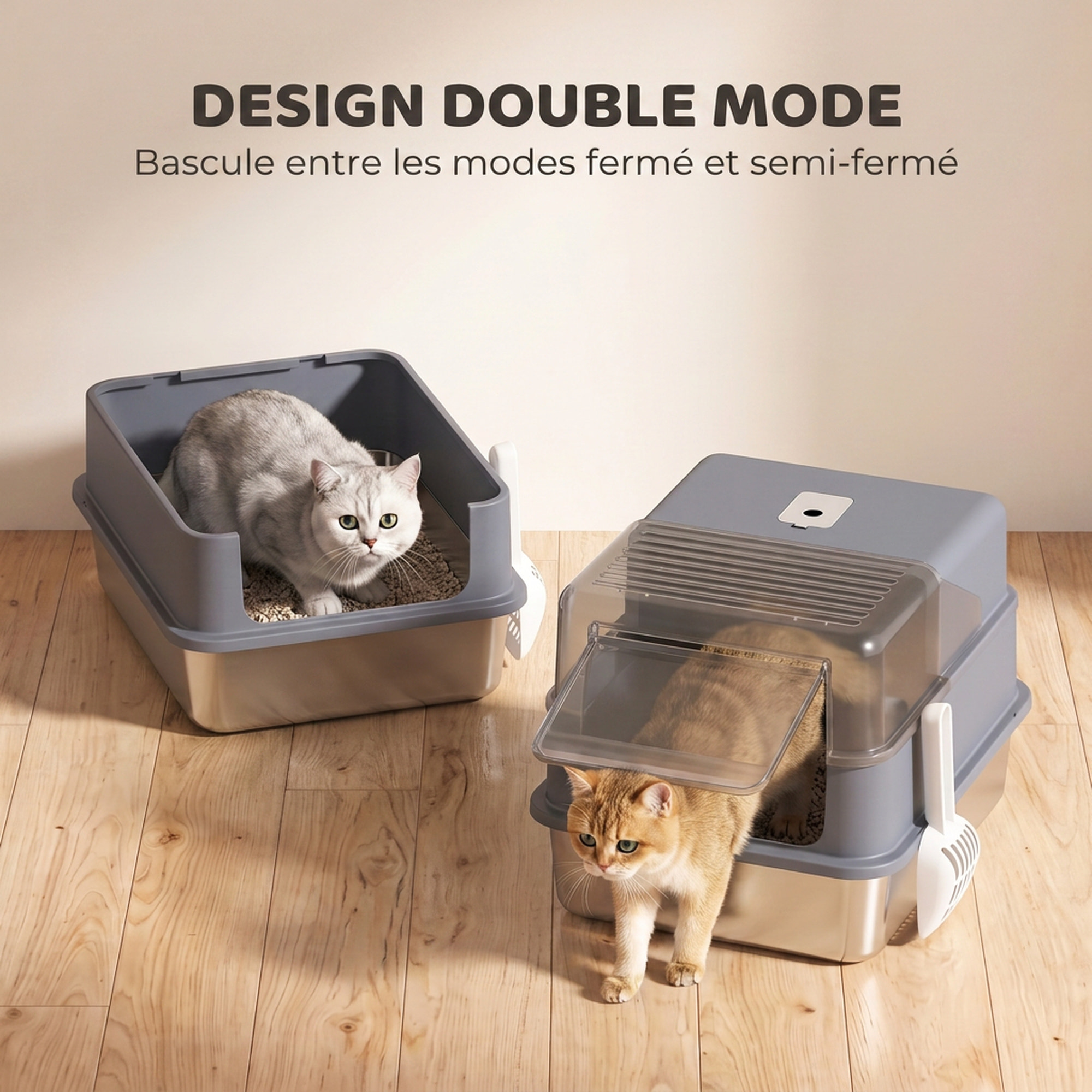 Maison de toilette bac à litière 2-en-1 acier inox PP avec accessoires