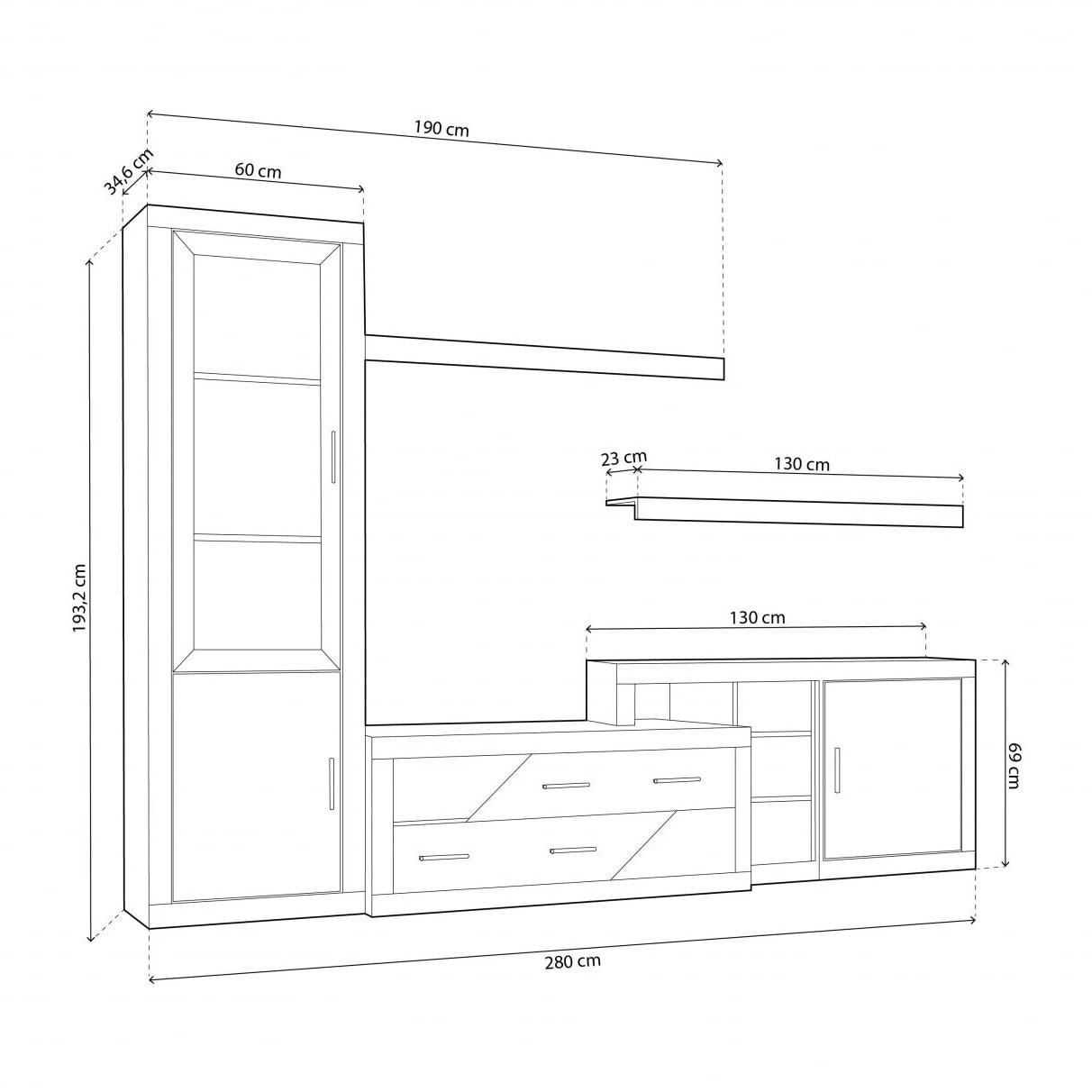 Salón modular con gran capacidad de almacenaje en cambria y blanco 280 cm Nuka V6 Cambria - Blanco