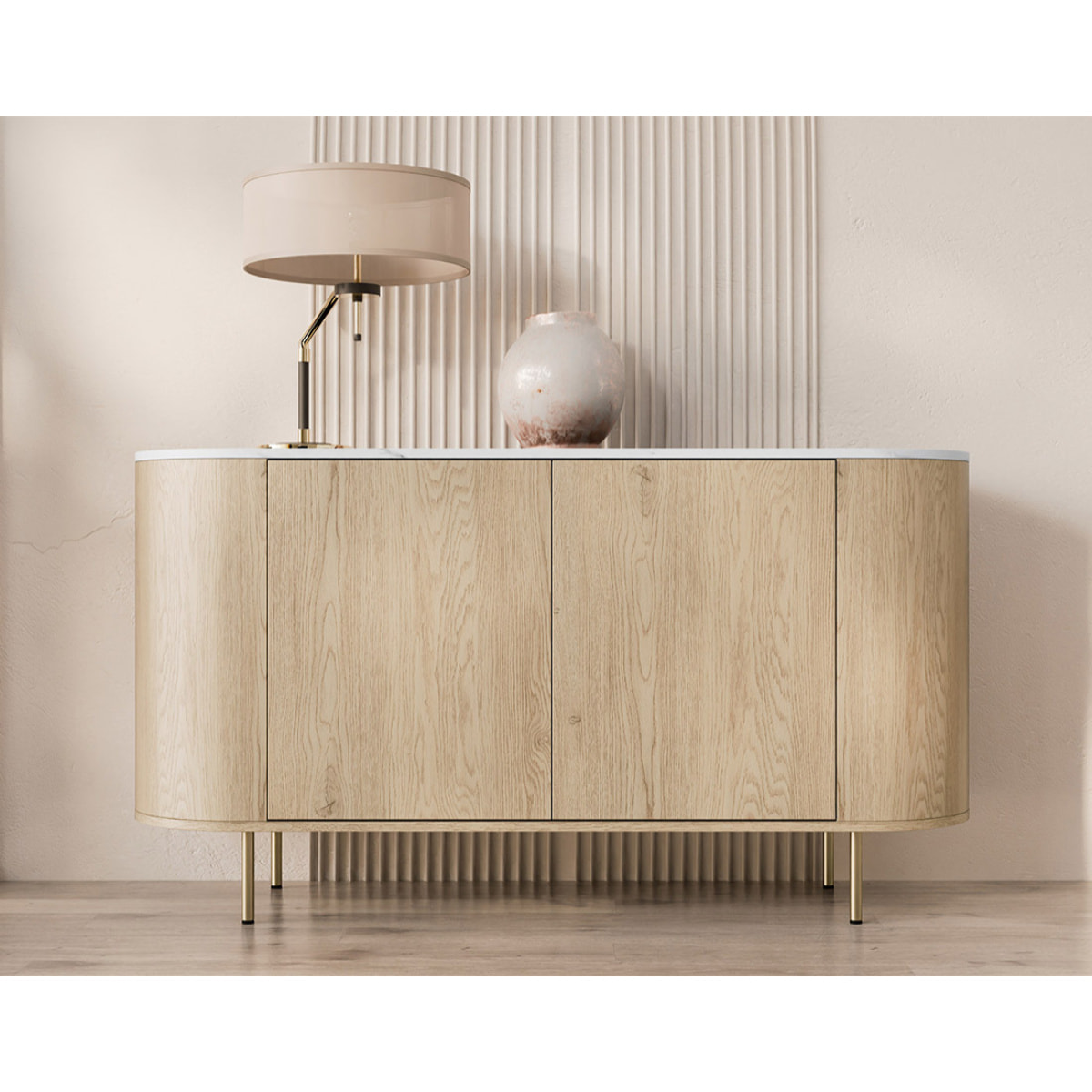 Sansa - buffet bas 139 cm - 2 portes et 1 étagère - plateau effet marbre - Bois / Blanc
