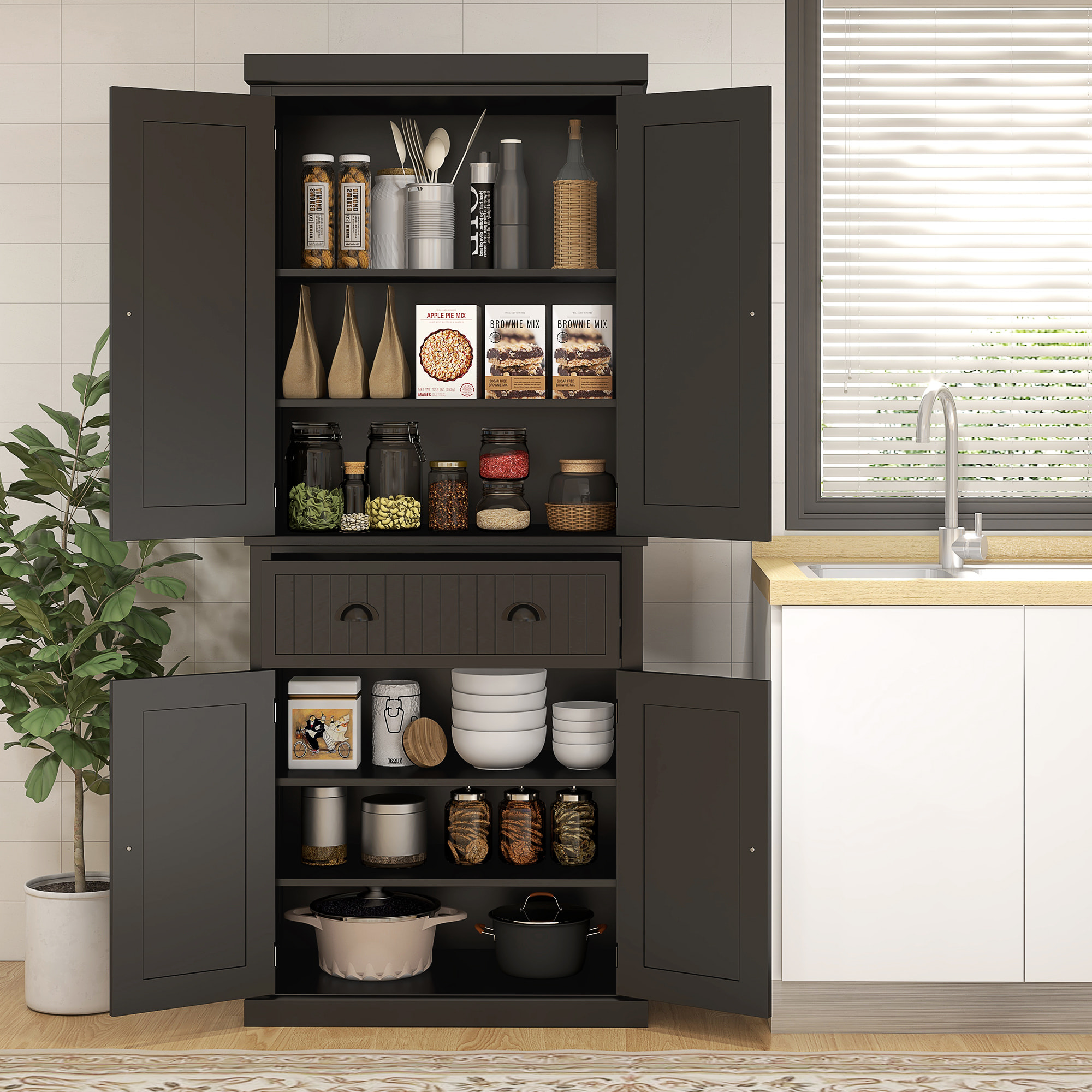 Buffet haut multi-rangement - 4 portes, grand tiroir - dim. 76L x 40l x 183H cm - panneaux MDF noir
