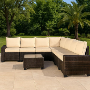 SONIA Salon de jardin d'angle 7 places en résine tressée avec table marron et beige