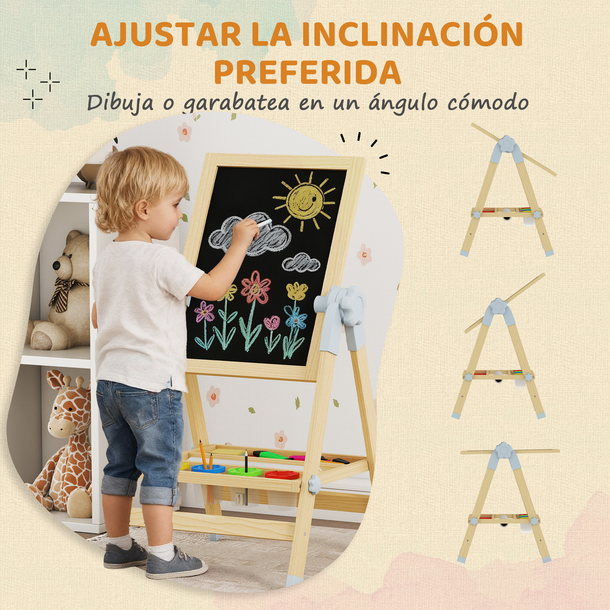 Pizarra Infantil Caballete, Altura y Ángulo Ajustable, Caballete de Madera de Doble Cara, Pizarra Blanca Magnética y de Tiza, Rollo de Papel y Bandeja, para Niños 3-6 Años, 48,5x46,5x70-97 cm