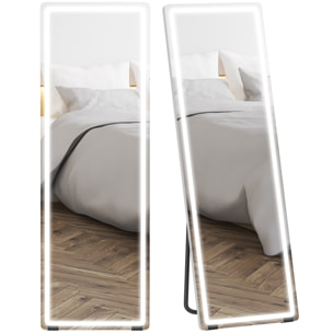 Espejo de Pie Cuerpo Entero con Luces, 150x50 cm, Espejo de Cuerpo Entero sin Marco, 3 Temperaturas de Color, Brillo Ajustable, Independiente, Apoyado y de Pared, para Dormitorio, Transparente
