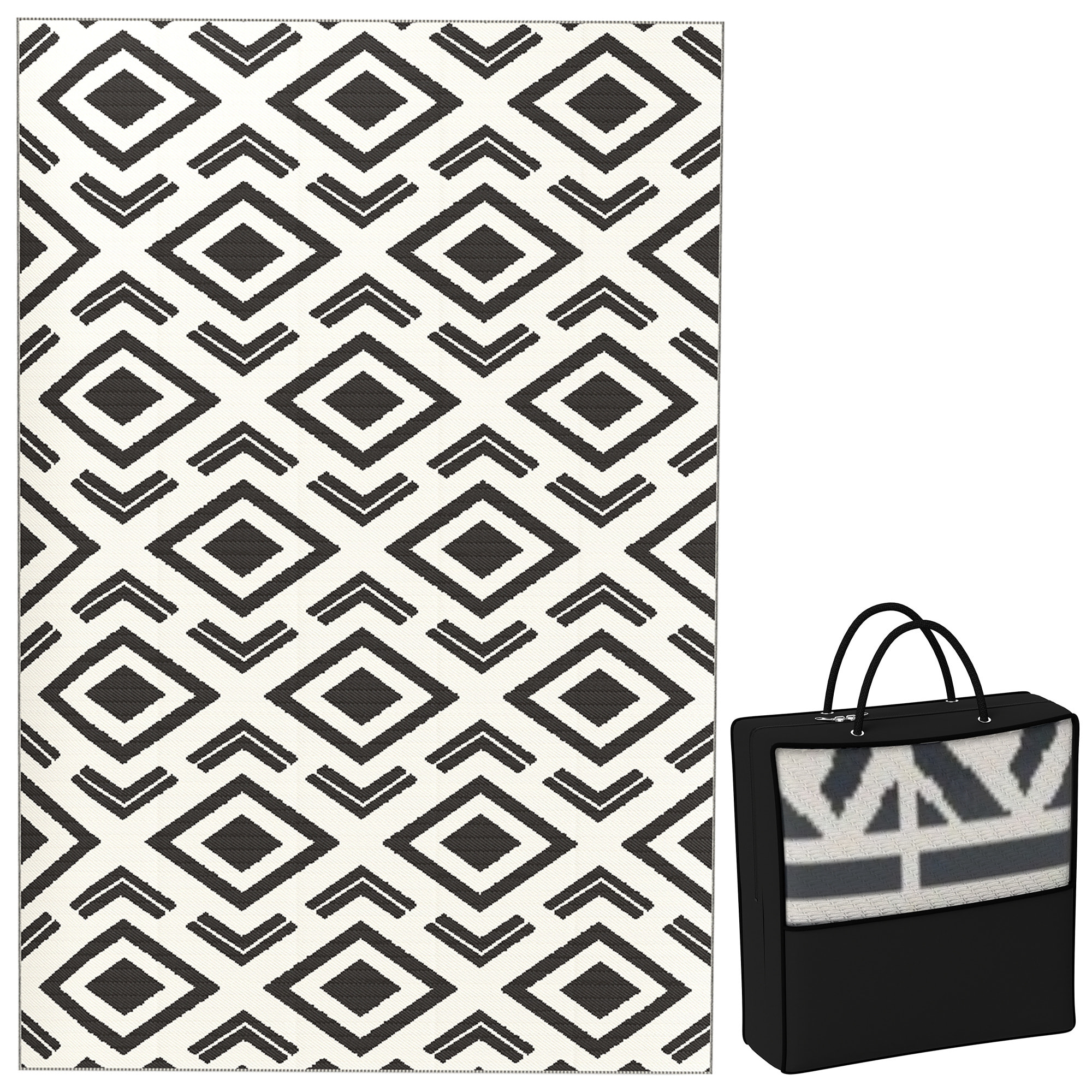 Alfombra de Exterior 182x274 cm Alfombra Reversible con Patrón Geométrico Impermeable Bolsa de Transporte para Terraza Balcón Patio Camping Playa Blanco y Negro